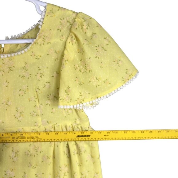 70s Yellow S Floral Textured Empire Waist Maxi Dress Flutter Sleeves Cottagecore - Picture 15 of 16
